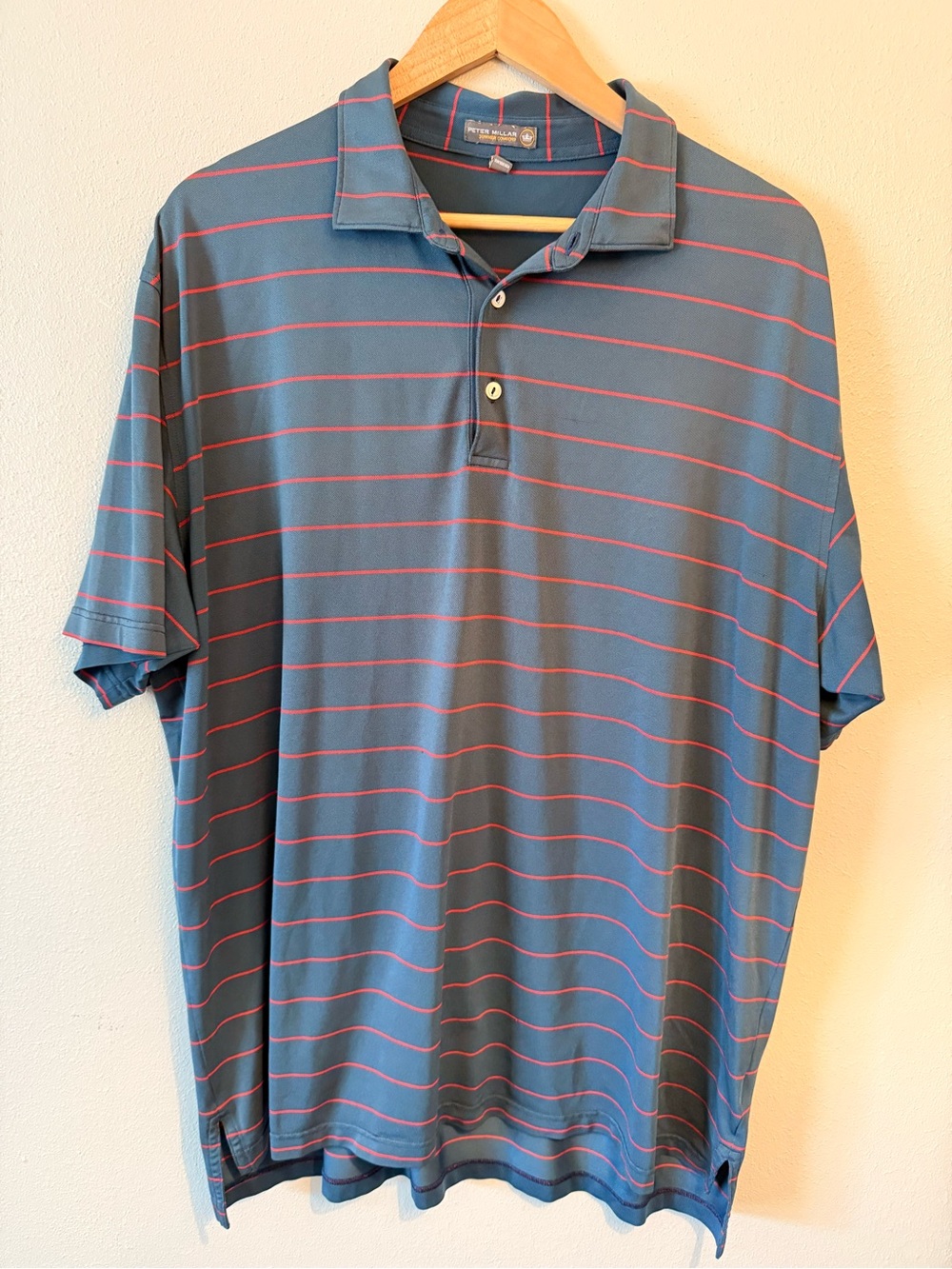 Peter Millar slate gray blue Polo with red Stripes summer comfort no club logo